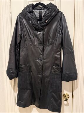 Women's Black Leather Coat with Quilted Trim